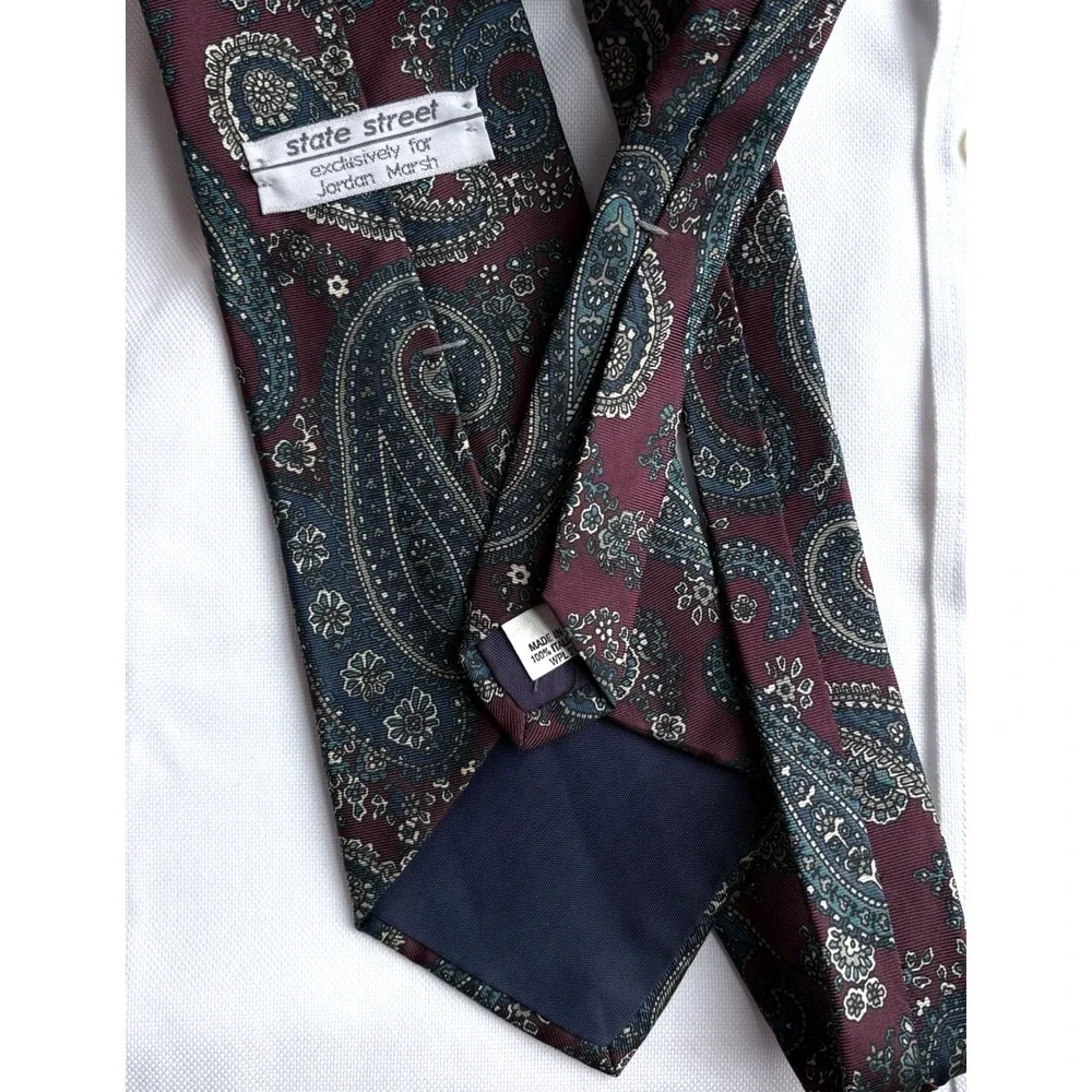 Vintage Paisley Italian Silk Tie State Street Jordan Marsh Burgundy Teal USA